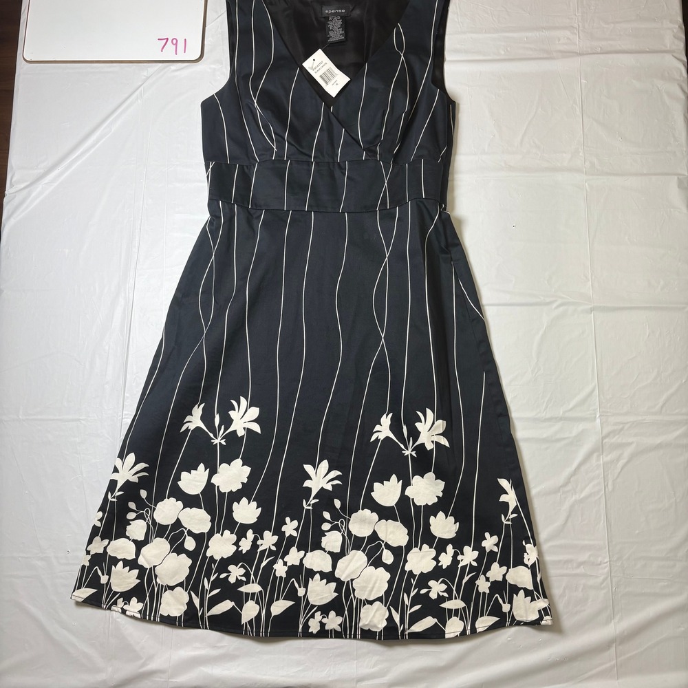 Spense Womens Black White Floral Stripe V-Neck Fit Flare Dress NWT Size 6